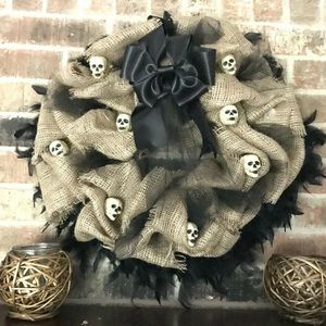17” Handmade Halloween Burlap Wreath Skull Feather